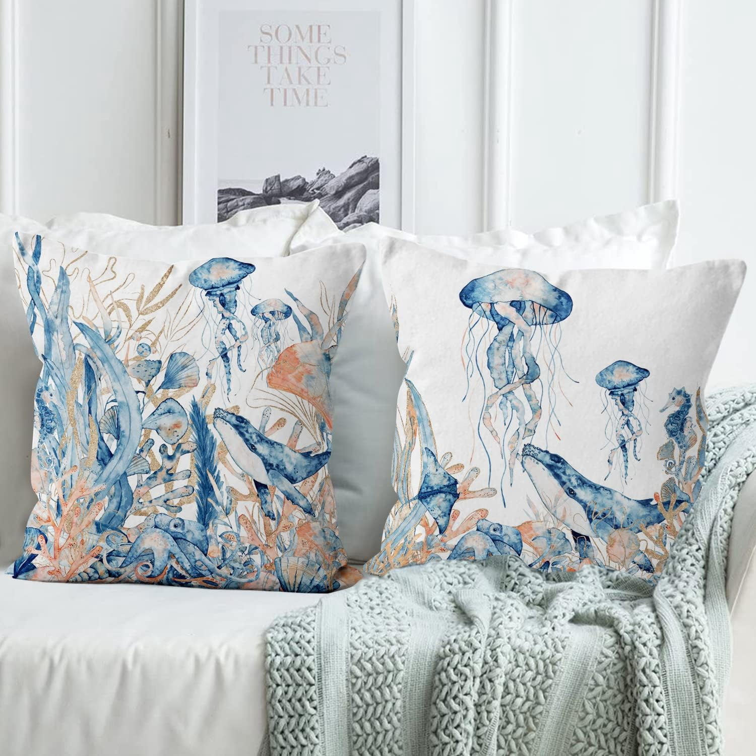 Ocean Theme Pillow Covers 20x20 Set of 2, Blue Coral Aquatic Plants Throw Pillow Covers Jellyfish Whale Seahorse Pillowcase Sea Cushion Case Summer Outdoor Decor for Home Yard