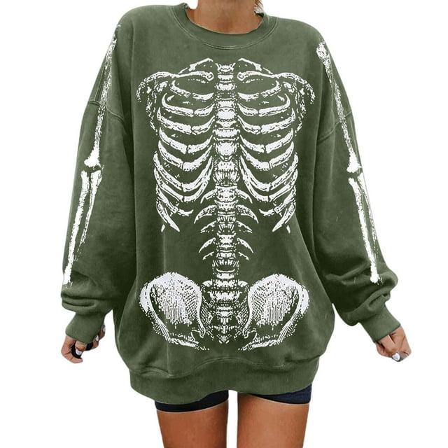 HUITKMM Chandail pour Femmes Unisexe Mode Imprimé Design Squelette Surdimensionné Longline Sans Capuche Col Rond pour et Mode Urbaine Décontracté