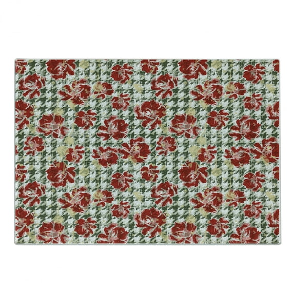 Floral Cutting Board, Vintage Classic with Scottish Houndstooth Vivid Rose Florets Feminine Pattern, Decorative Tempered Glass Cutting and Serving Board, Small Size, Hunter Green Ruby, by Ambesonne