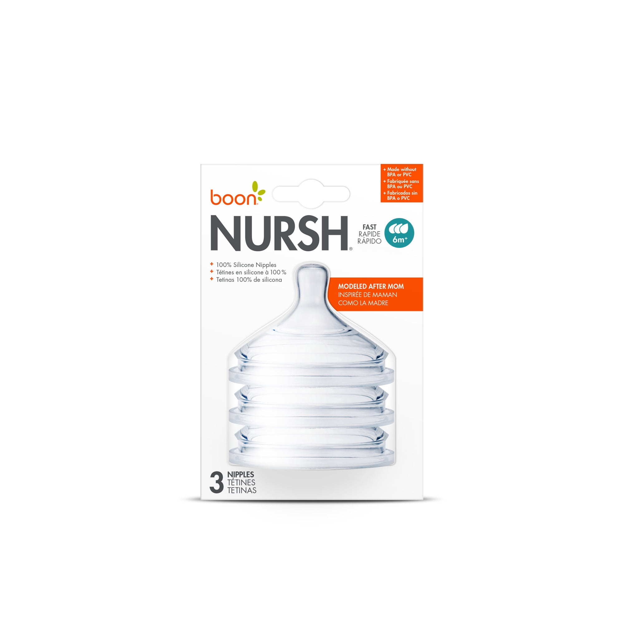 Boon Nursh Silicone Replacement Nipple, Air-Free Feeding, Stage 1 Slow Flow, Birth and Up, 3 Pack