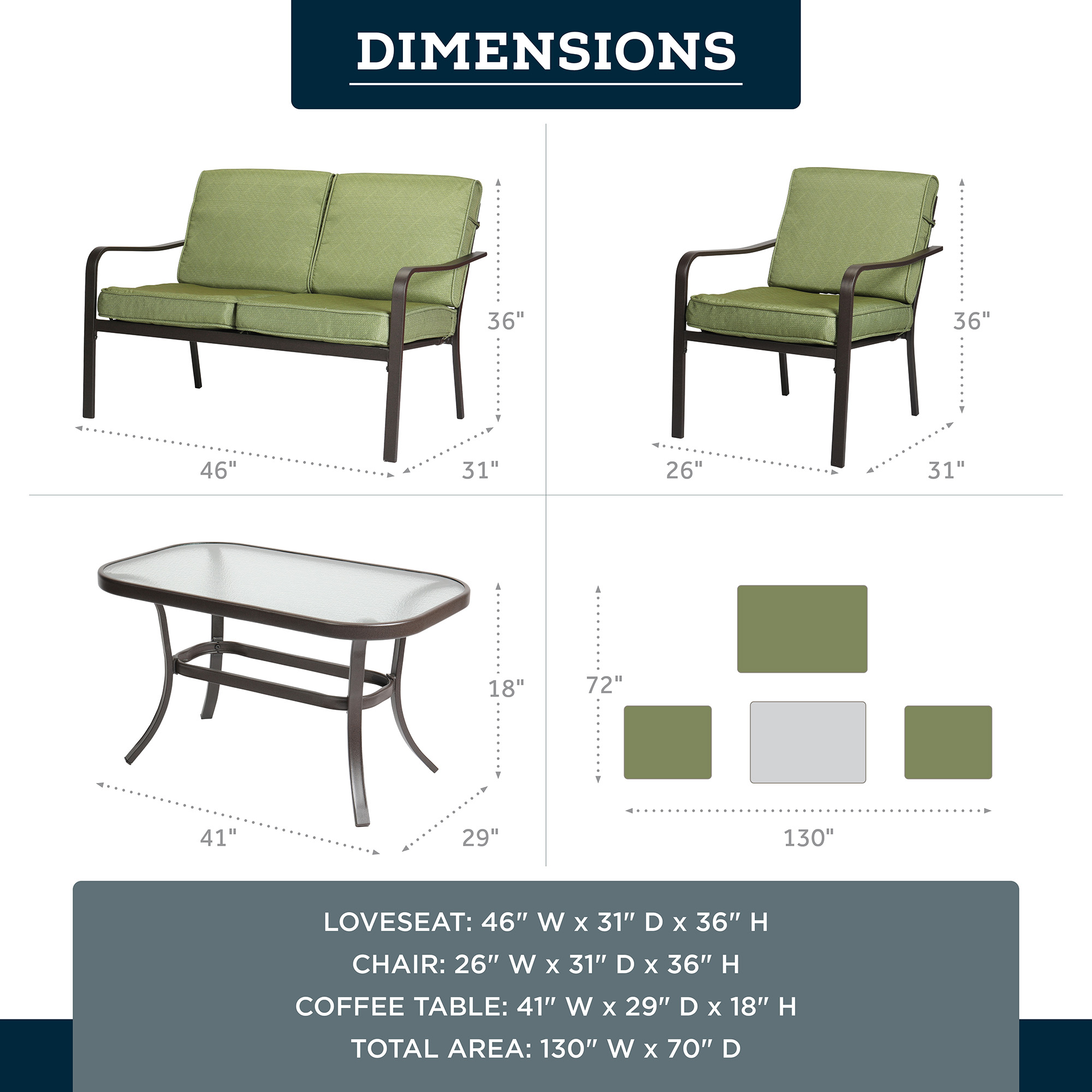 Mainstays Stanton 4-Piece Patio Furniture Conversation Set, Green, Metal - image 3 of 9