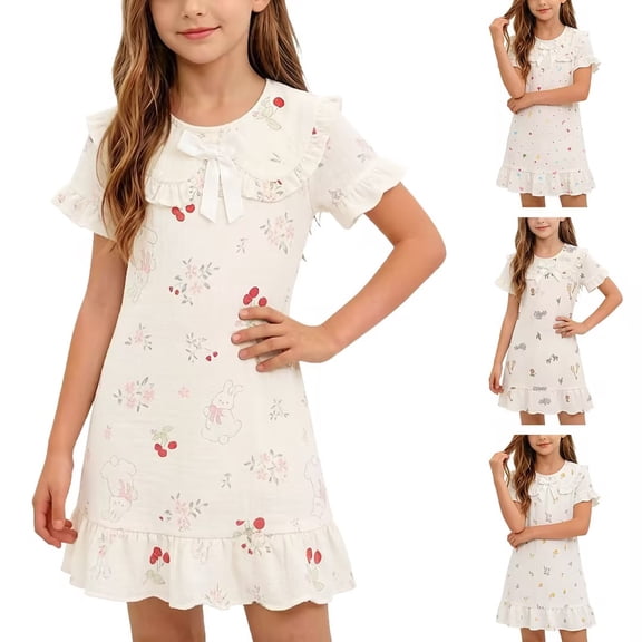 OVAFBAU Girls Dresses Summer Outfits Graphic Short Sleeve Nightgown Sundress Collar Sundress