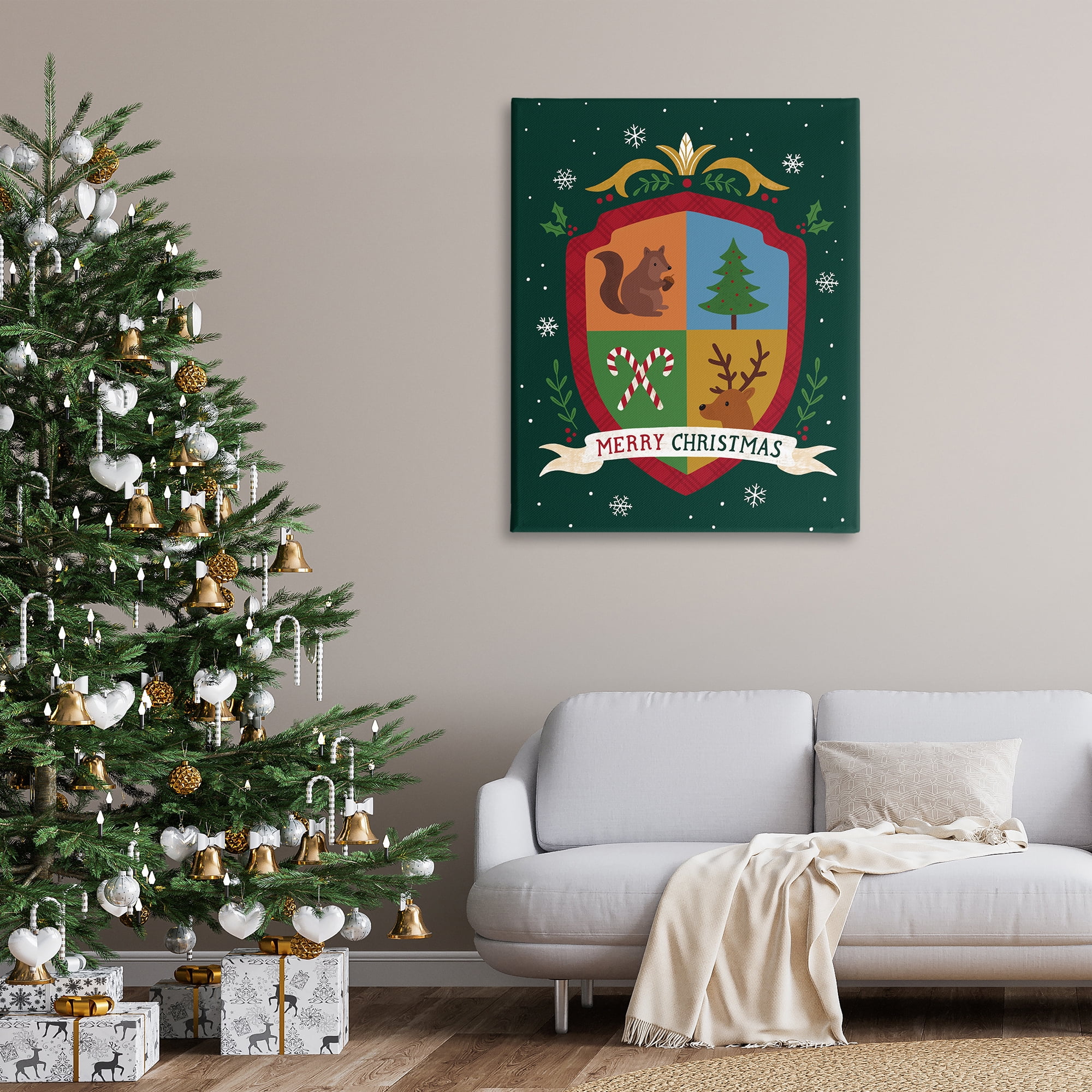 Stupell Industries Merry Christmas Woodland Crest Holiday Painting Gallery Wrapped Canvas Art Prints Wall Art, 36 x 48