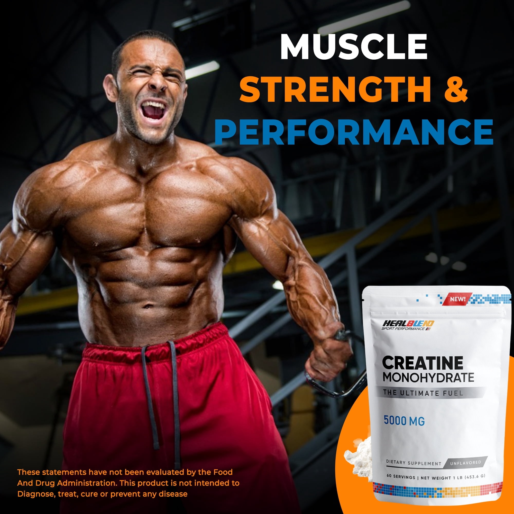 Healblend Creatine Monohydrate Powder 5000mg - Unflavored Micronized Creatine for Muscle Gain, Improve Performance & Pre-Workout Recovery - 60 Servings