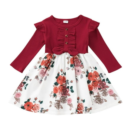 

XINSHIDE Dresses Bow Splice Baby Kids Toddler Girls Party Ribbed Princess Floral Dress Ruffled Girls Dress&Skirt Party Dress For Girl