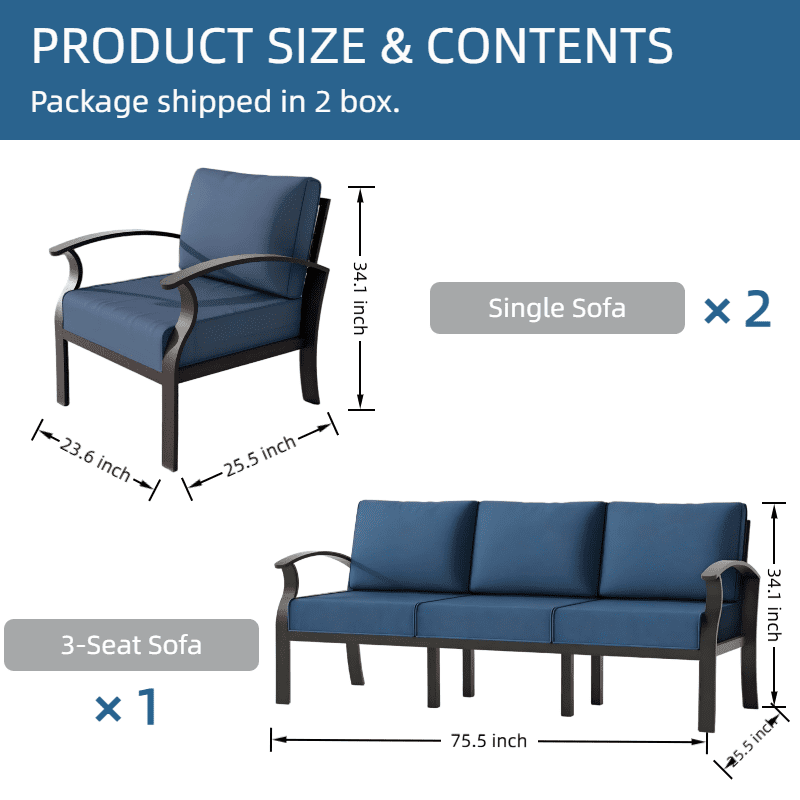 ALAULM Aluminum 5 Pieces Patio Furniture Set, 1 Three-Seater Sofa & 2 Single Sofas with 5.1" High-Resilience Cushions for Patio Backyard Poolside, Navy Blue