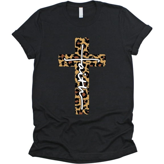 Love in Faith | Leopard Faith Cross Short Sleeve | Christian T-Shirts for Women | Faith-Based Apparel | Christian Gifts