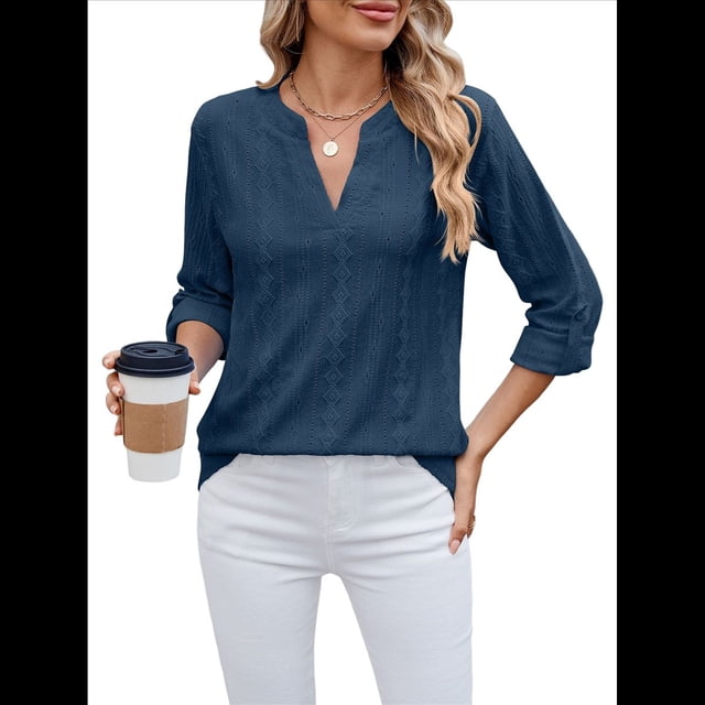 Blusas Casuales con Cuello en V y Ojales Bordados para Mujer, Blusas Playeras Elegantes. Azul Profundo M