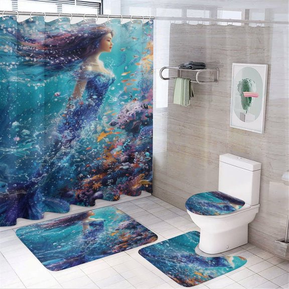 Mermaid Glitter Fish Scale Girls Shower Curtain Home Decor, Polyester Cotton Fabric Waterproof Modern Bath Curtain with 12 Hooks 72x72 Inch