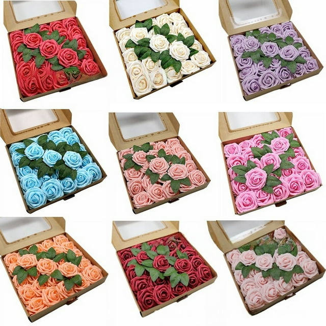 Caja de regalo de flores de simulación, rosa de espuma, flor falsa con varilla, 25 unidades, decoración de boda, regalo de San Valentín