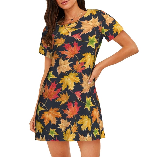 Balery Colorful Maple Leaves Camisón de manga corta con cuello redondo para mujer, cómodo y elegante.
