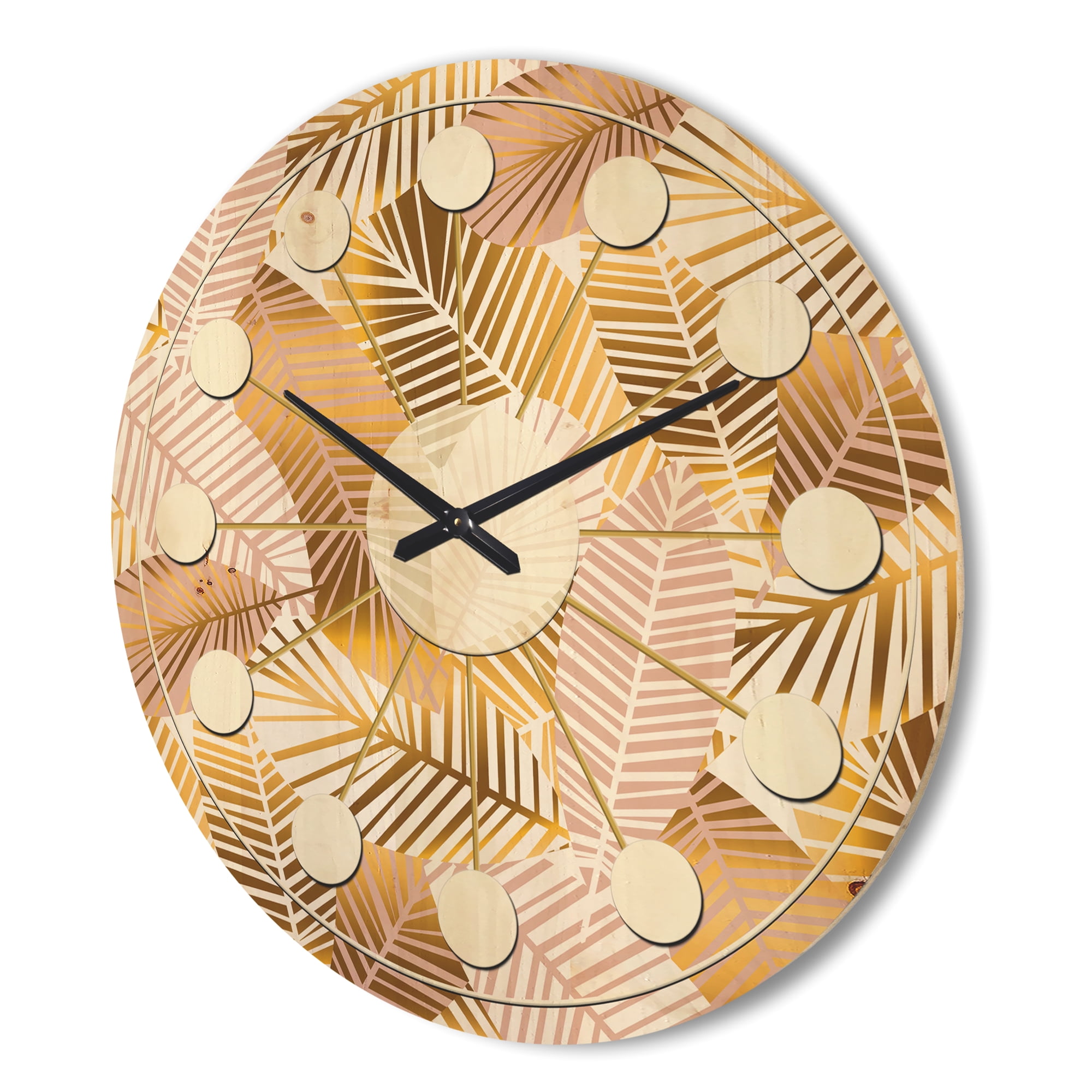 Designart 'Palm Golden Leaves II' Mid-Century Modern Wood Wall Clock
