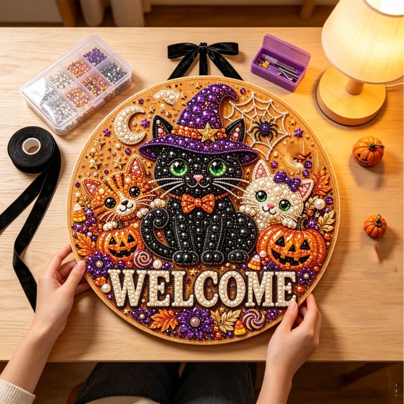 Halloween Diamond Art Hanging Sign, Wooden Round Welcome Ornament with Ribbon for Front Door 7.87in