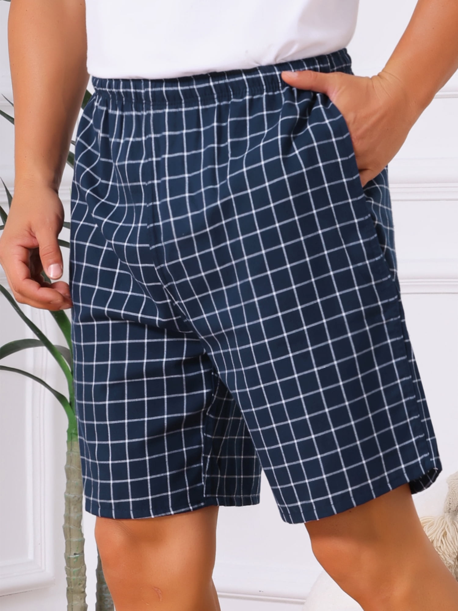 DARING DIVA Men's Elastic Waist Plaid Pajamas Sleep Shorts 34 Blue