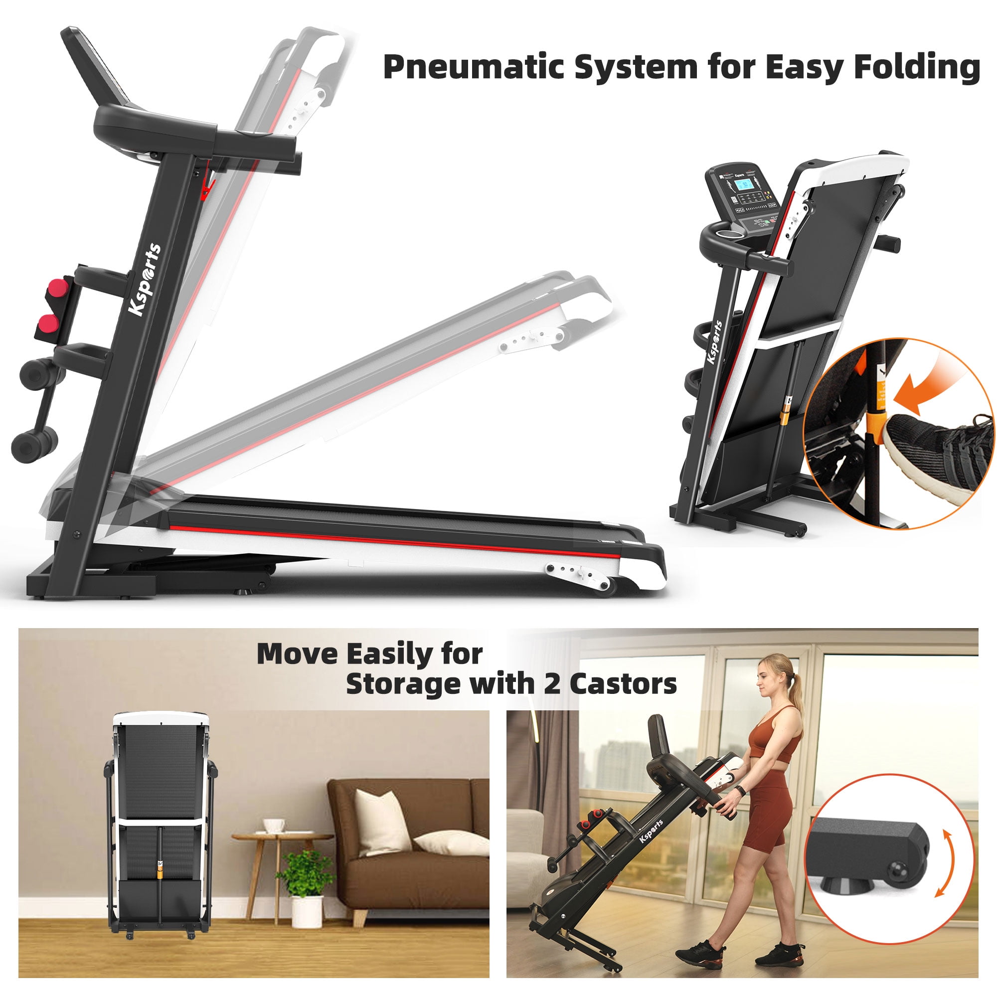 Ksports Electric Treadmill Bundle with Rack, Mat, and Dumb Bells, Black