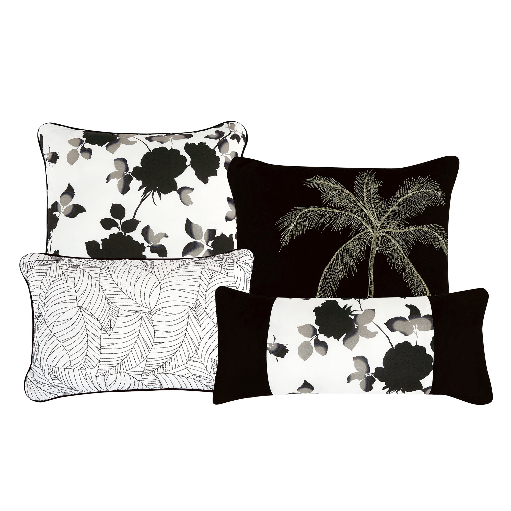 EvJk 7-Piece Comforter Set in Black Leaf & Embroidered Design - Queen Size Bedding Luxuriously Soft, Fashionable Bedding with Decorative Pillows for Elegant Bedroom Styling.