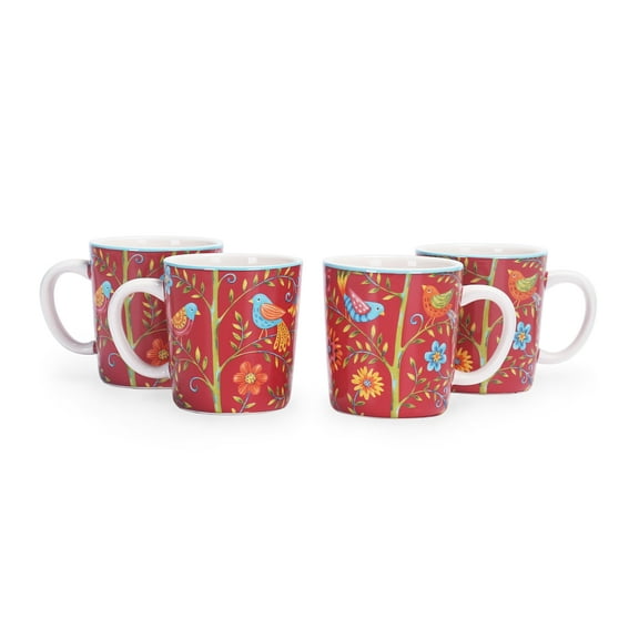 Bico Red Spring Birds Ceramic 18oz Mugs, Set of 4, for Coffee, Tea, Drinks, Microwave & Dishwasher Safe