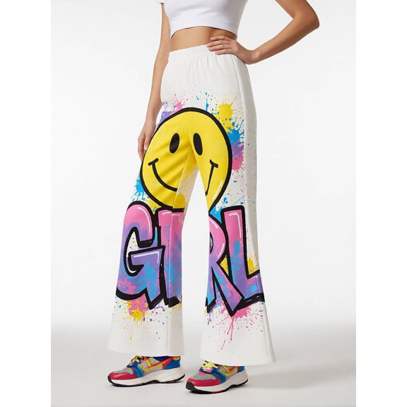 5-6Y Girls Colored Flared Pants Digital Print Trousers Slim-Fit Wide Leg Flare for Spring Summer Autumn