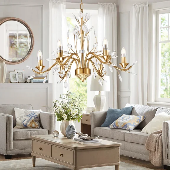 More Change European Crystal Chandelier Vintage 6-Light Candles Ceiling Fixture Pendant Lamp Dining Room Lighting Chandelier Farmhouse Chandelier