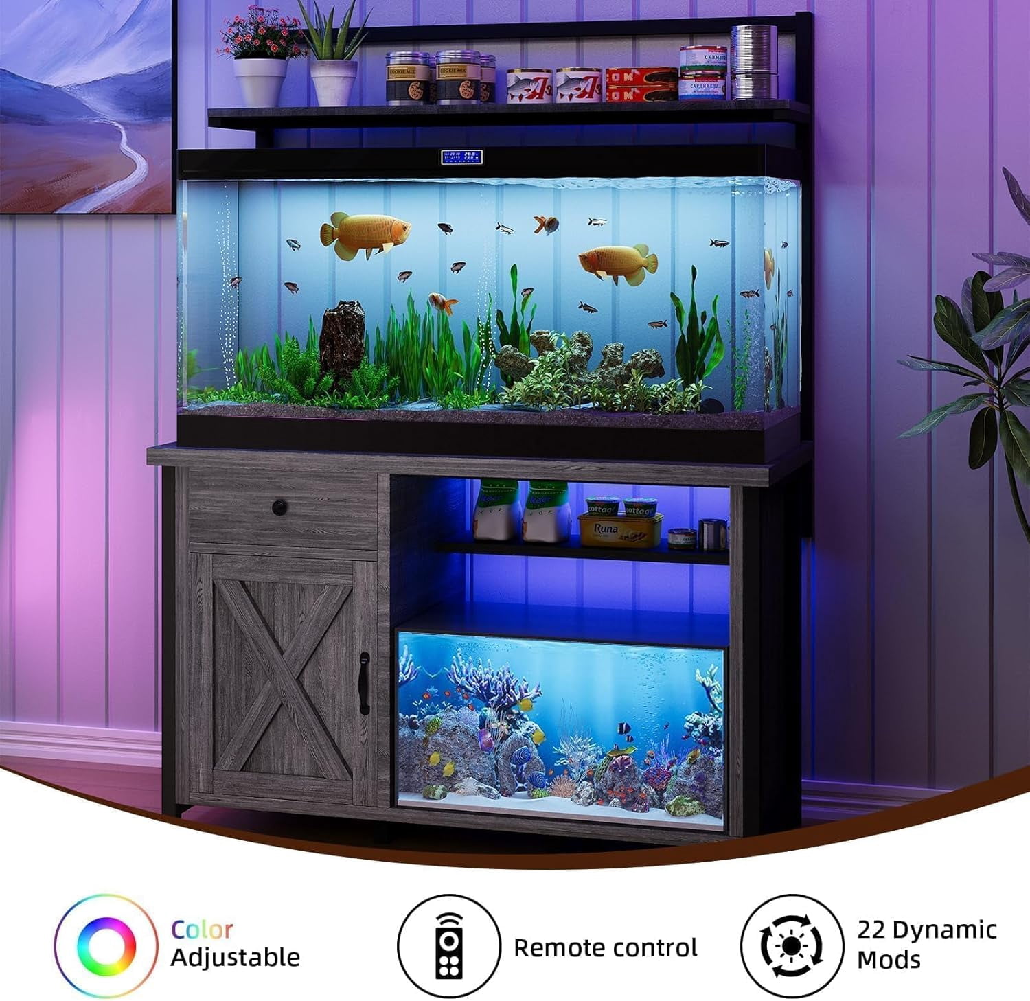 DreamCurship Fish Tank Stand with Power Outlet and Led Light, Cabinet for 55-75 Gallon Aquarium, RGB Lighting Strip Ideal for Turtle Enclosure, Supports up to 1100 Pounds, Gray