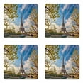 thumbnail image 1 of Paris Coaster Set of 4, Eiffel Tower and Cloudy Sky Panoramic Photo Springtime Paris Travelling Destination, Square Hardboard Gloss Coasters, Standard Size, Blue Brown, by Ambesonne, 1 of 2