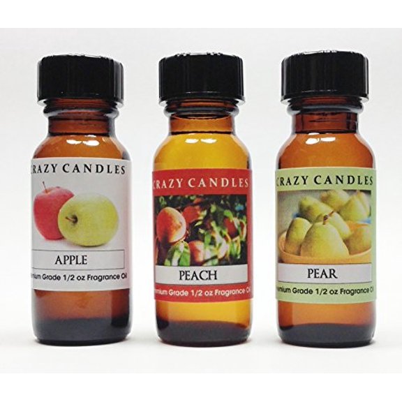 3 Bottles Set, 1 Apple, 1 Peach, 1 Pear 1/2 Fl Oz Each 15ml Premium Grade Scented Fragrance Oils By Crazy Candles