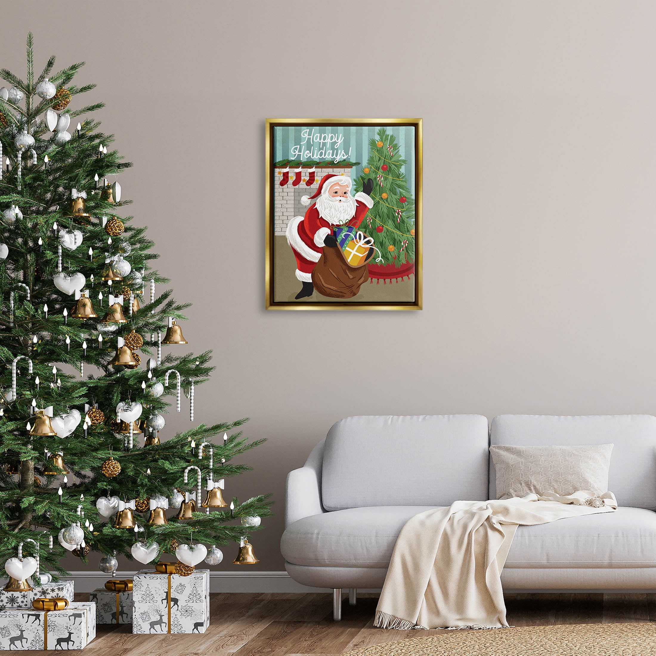 Happy Holidays Santa Gift Bag Holiday Graphic Art Metallic Gold Framed Art Print Wall Art