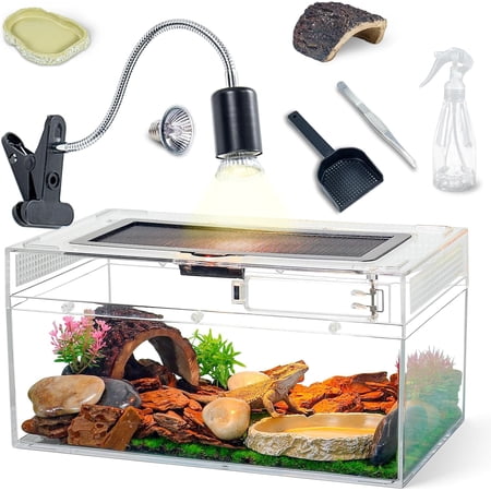 12.5x6x7 Inch Reptile Terrarium Kit with Heat Lamp & Hideout – Complete Habitat for Geckos, Snakes, Lizards, Turtles, Spiders, Frogs & Crabs