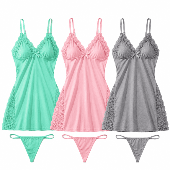 Women's Lace Spliced Side Slit Nightgown, Adjustable Straps, Solid Color, 3-Piece