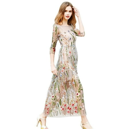 Women s Round Neck Floral Embroidered Dress | Walmart (US)