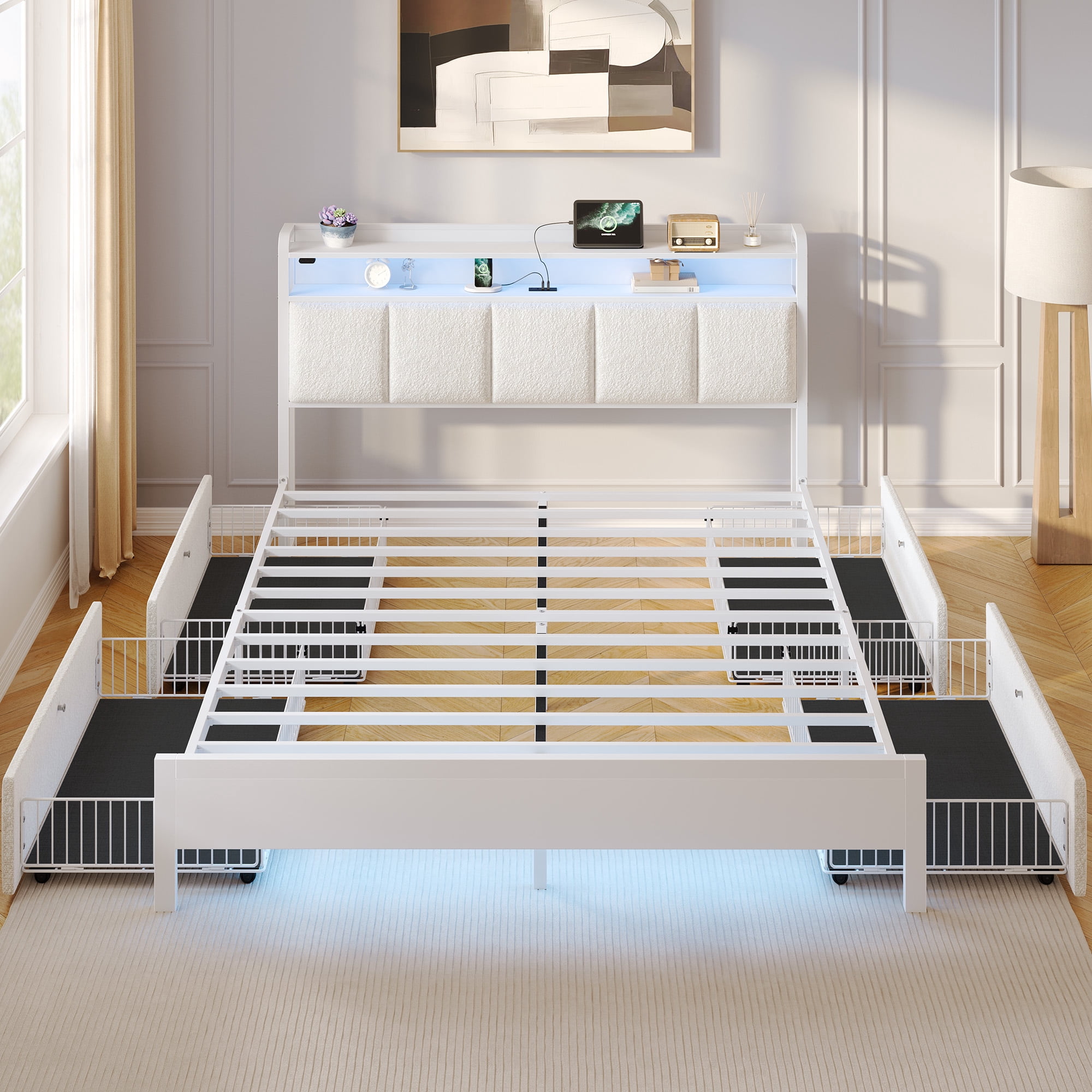 Greenstell Queen Bed with Headboard and Charging Station, Upholstered bed with 4 Drawers and RGB LED Lights,Off White