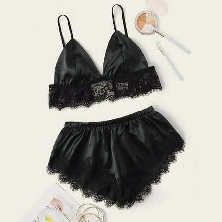 Dihao Pajamas For Women Set Womens New Sexy Lace Lingerie Silk Sling Bra with Underwear Pants Two Piece Set High Waistes Elastic Lounge Set Homegown