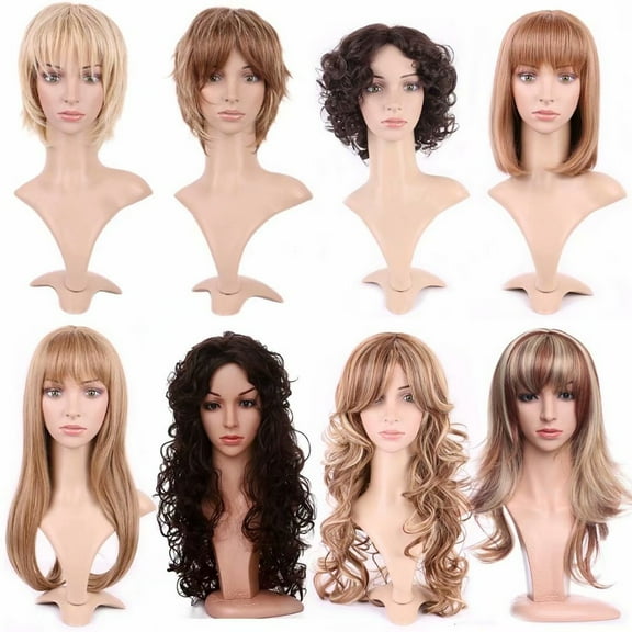 SEGO Long Curly Synthetic Hair Wig with Bangs Short Fluffy Wigs Full Head Heat Resistance Hair Wig for Women