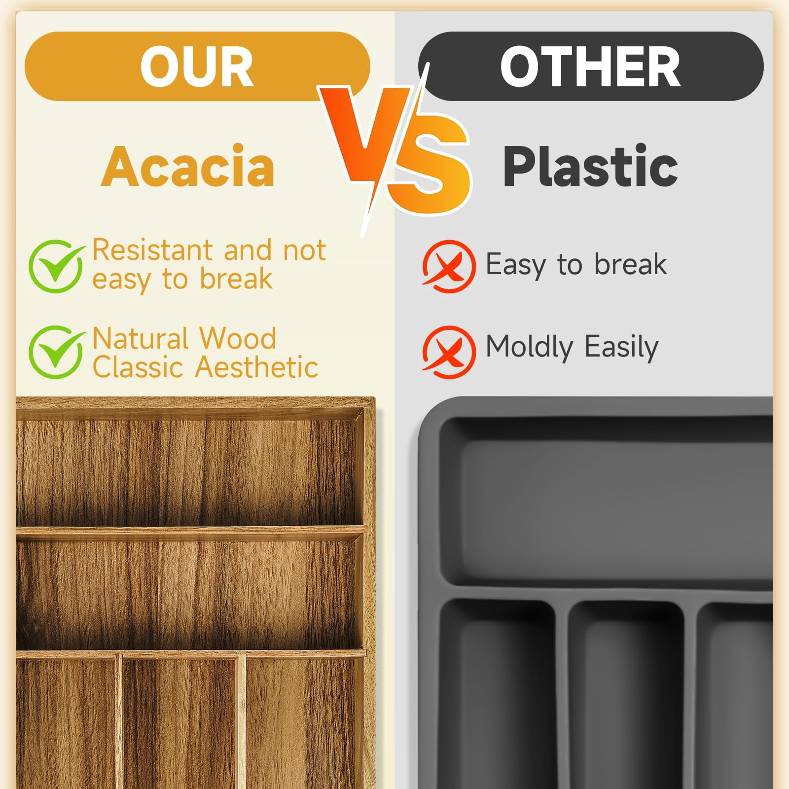 Acacia Wood Silverware Organizer, Kitchen Drawer Organizer for Flatware, Wooden Utensil Holder and Cutlery Tray with Grooved Drawer Dividers, 6 Compartment Utensil Tray for Forks, Spoon, Knives