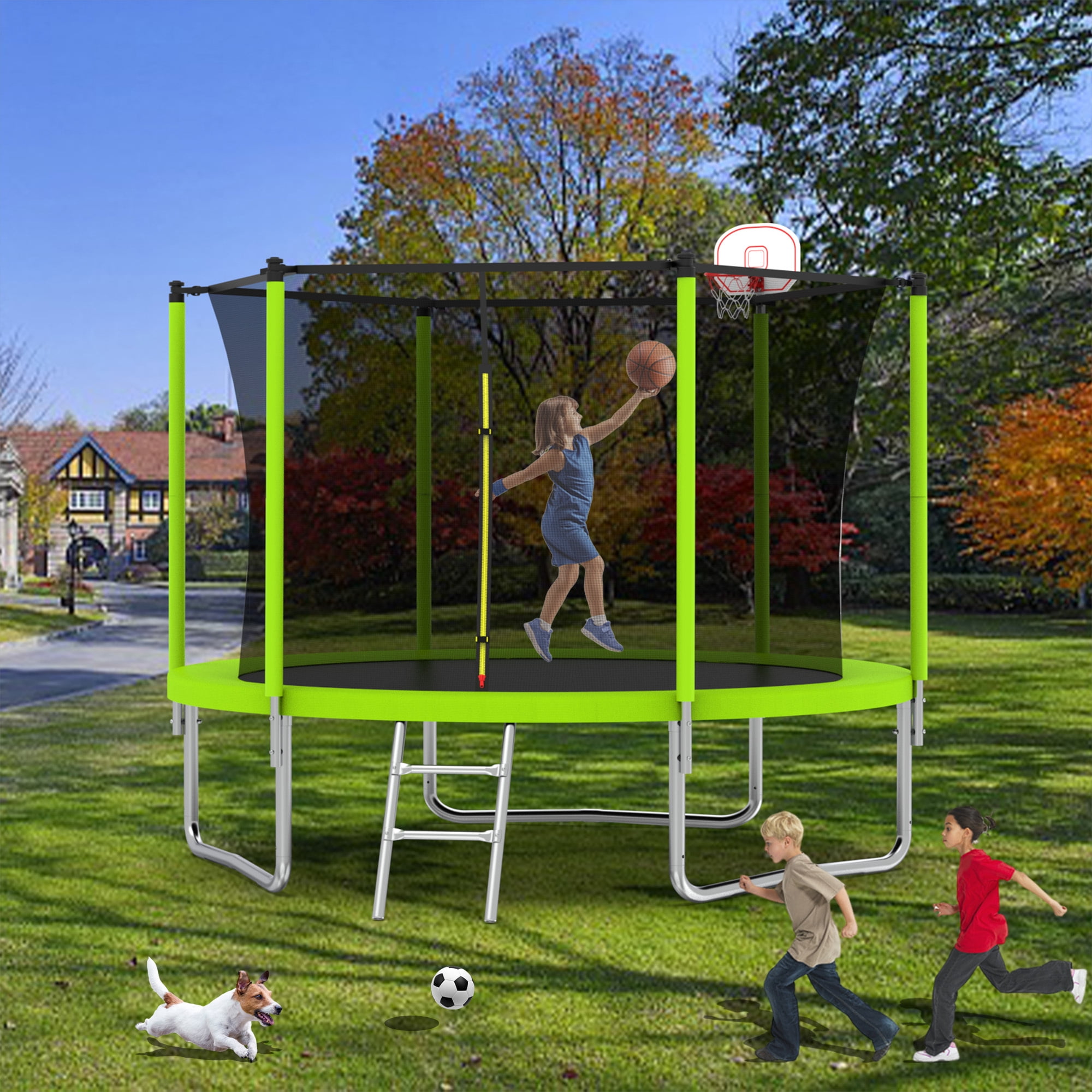 Alvantor 8Ft Kids Trampoline Round Trampolines with Basketball Hoop & Enclosure Net, Age 3-10 Green