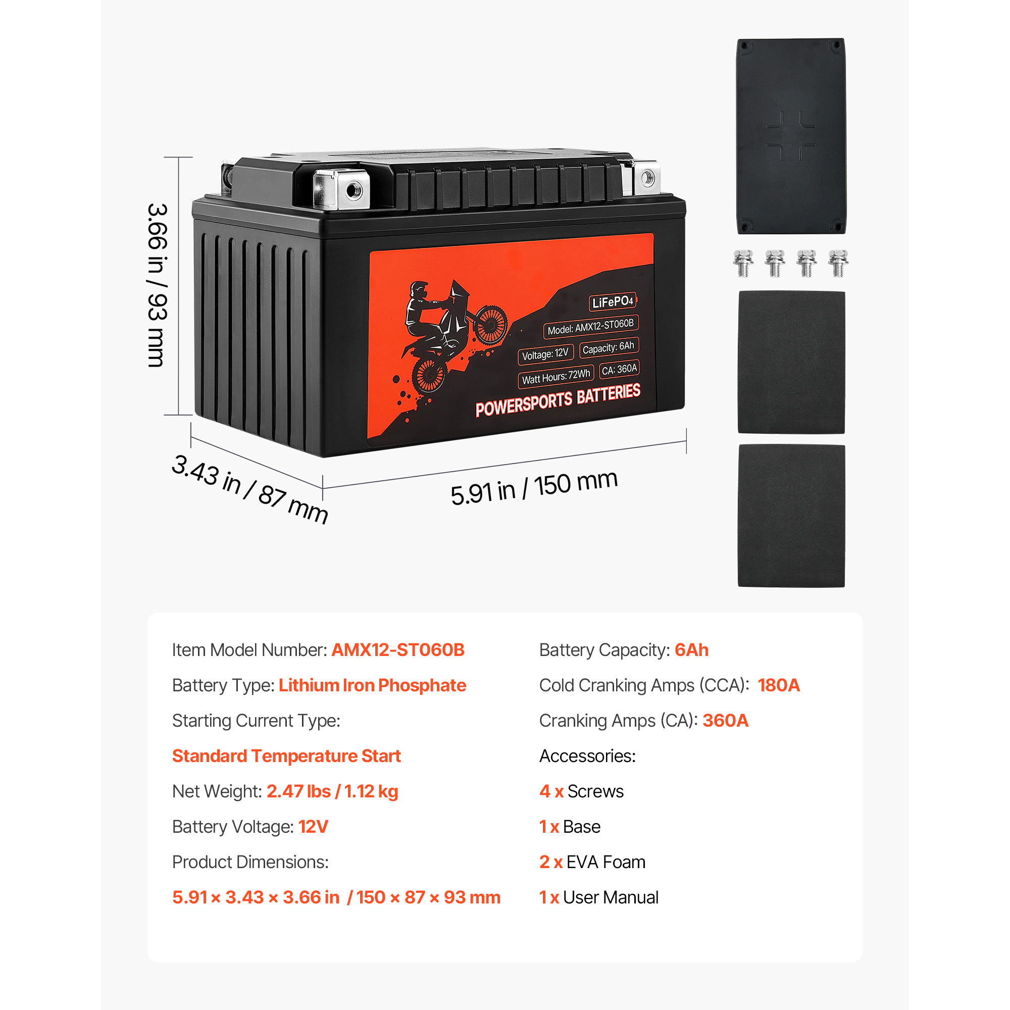 KFFKFF 12V 6Ah LiFePO4 Lithium Battery, Pre-Charged Powersports Battery, Maintenance-Free and Reliable Performance, Suitable for ATV, Motorcycle, Jet Skis, Scooters, UTVs, and More