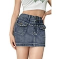 thumbnail image 5 of Arvbitana Women's Mini Denim Skirts, Fashion Rhinestone High Waist Flap Pocket Short Jean Skirts, 5 of 9