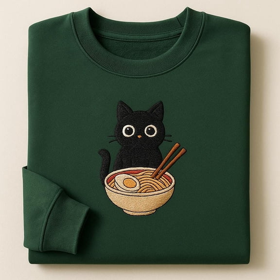 Embroidered Ramen Cat Sweatshirt, Cute Black Cat Foodie Crewneck, Japanese Noodle Bowl Sweater, Anime Cat Gift