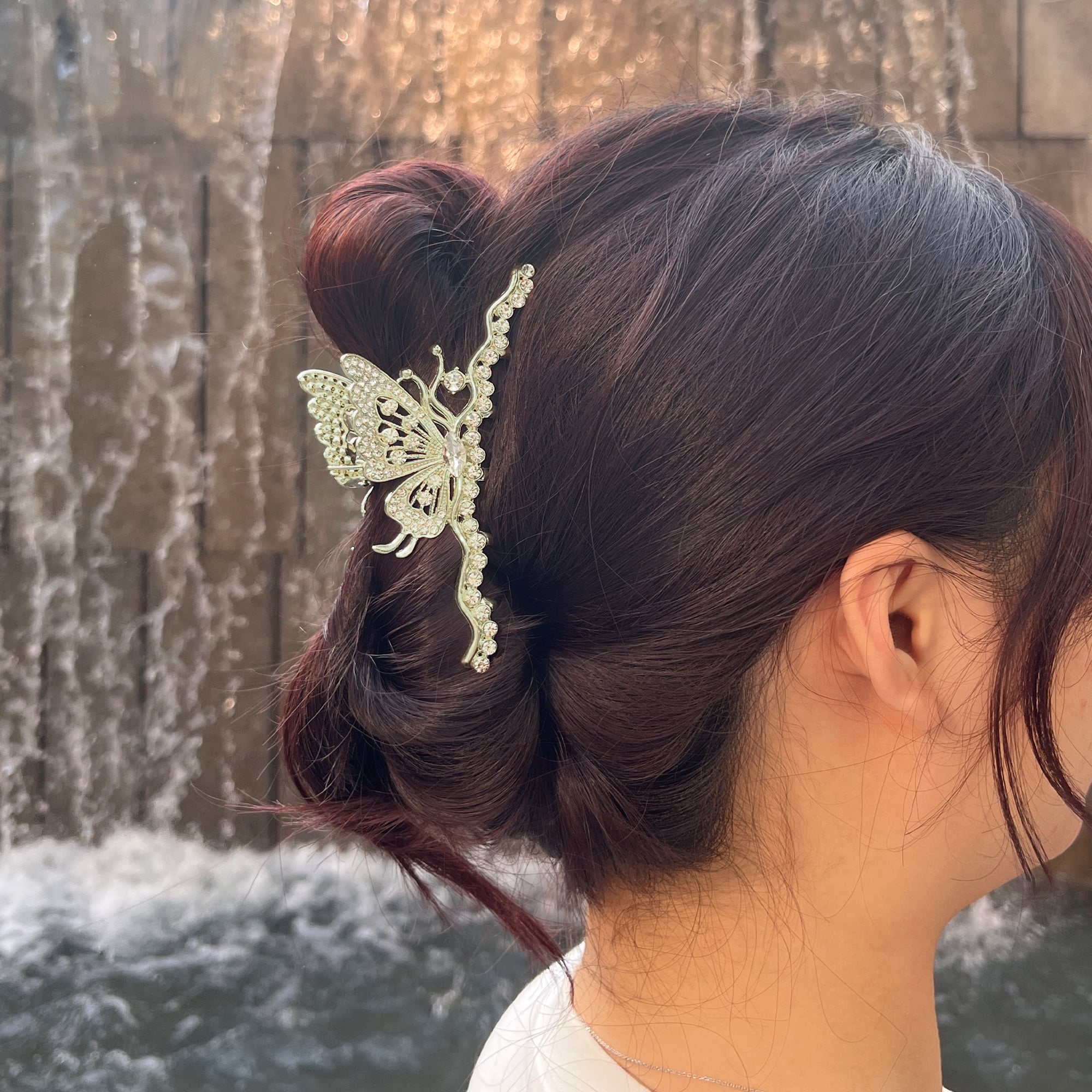 Unique Bargains Classic Rhinestone Butterfly Hair Clip Gold Tone
