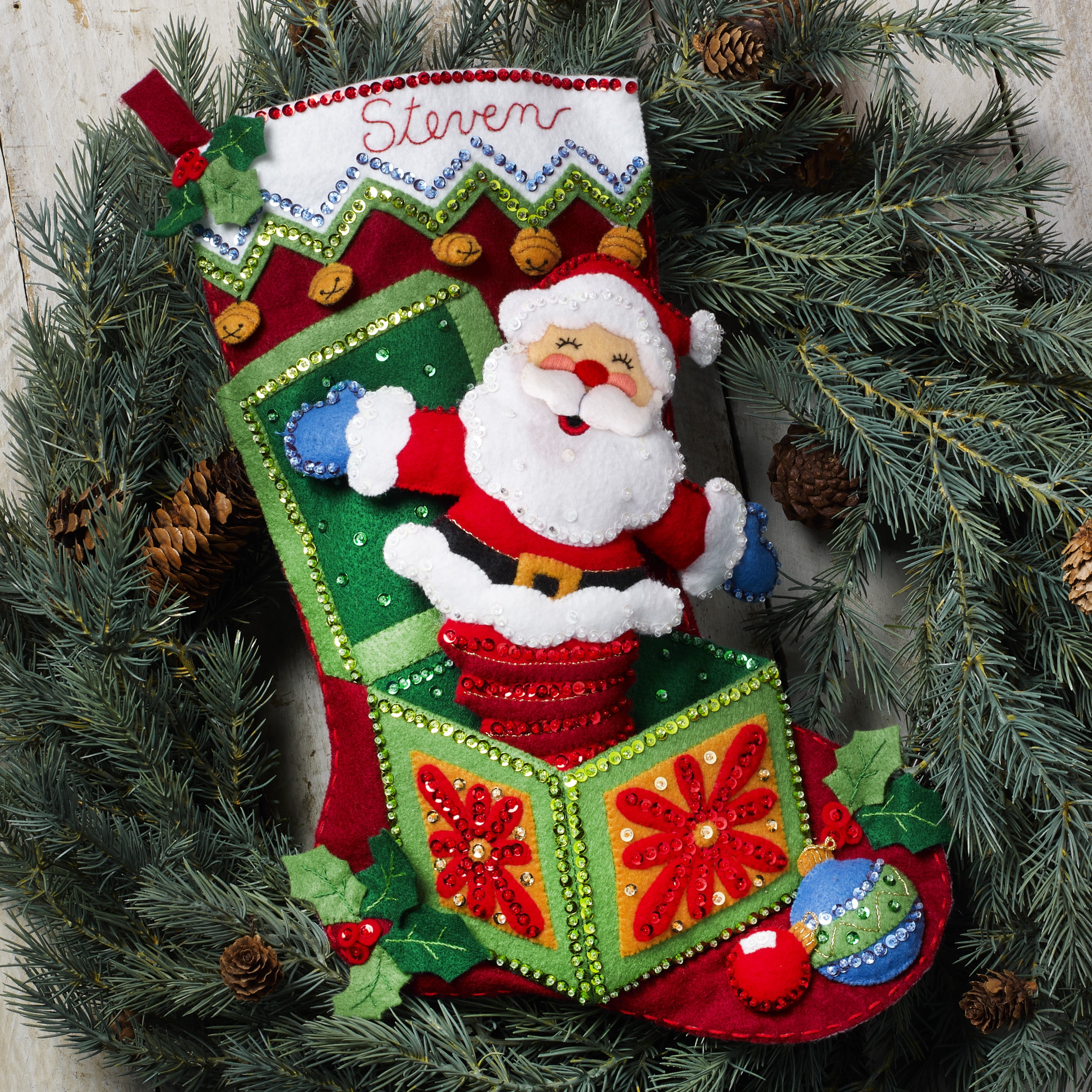 Bucilla: Christmas Tree Surprise w/String Lights, felt applique Christmas stocking  kit, 150 Anniversary Kit