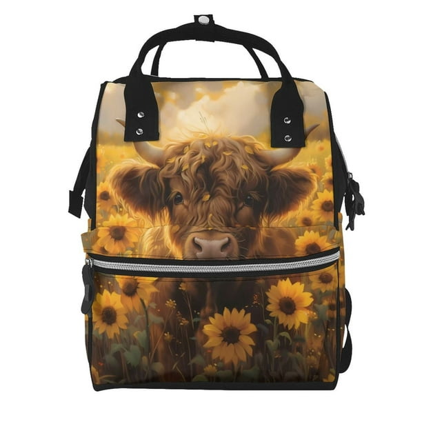 Fotbe Cute Cow Sunflower Field Mochila Maternidad - Lona de Sarga Impermeable, Mochila de Pañales de Gran Capacidad con Múltiples Bolsillos y Correas Ajustables