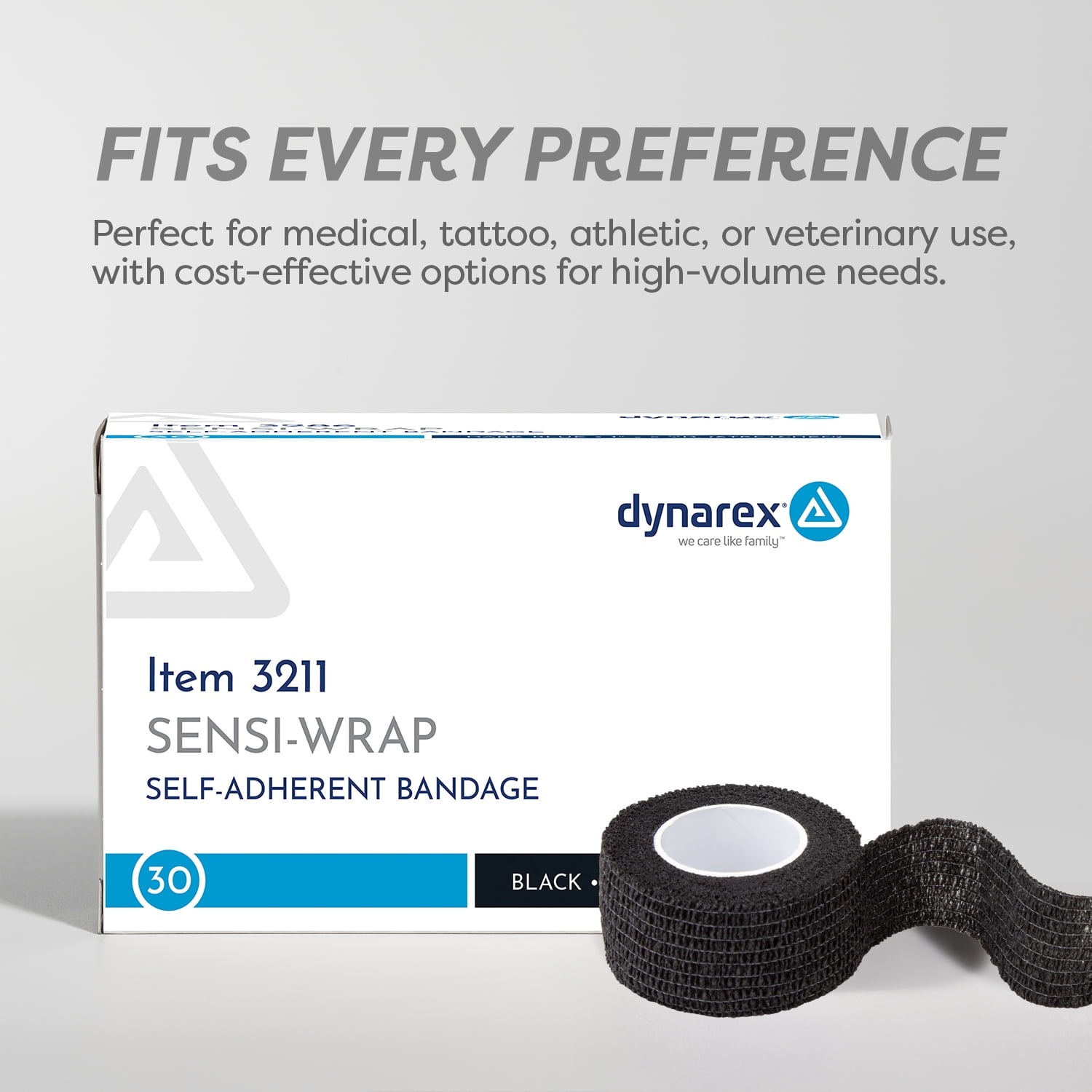 Dynarex Sensi-Wrap Self-Adhesive Bandages, 30-Pack, 1" x 5 yards, Black, Latex, Colored Elastic Cohesive Athletic Tape, Tattoo Grip & Vet Wrap