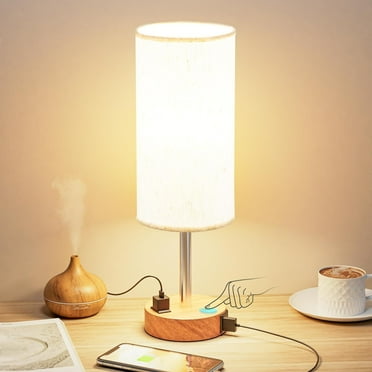 KAMIDA  Bedside Table Lamp for Bedroom,USB C Charging Ports and AC Outlet, Small Lamp Fabric Shade for Living Room, Desk