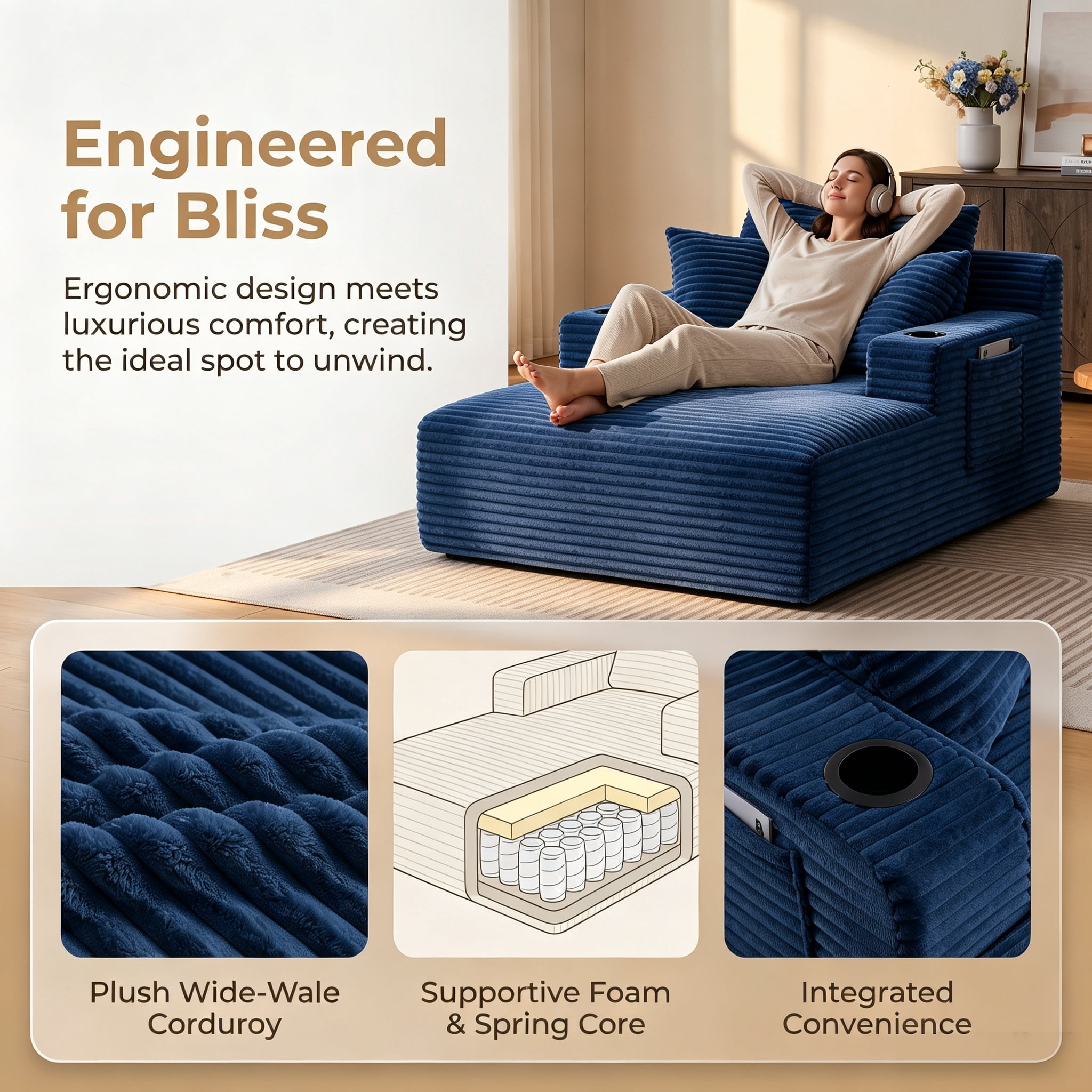 ShiKeyi 66'' Chaise Lounge Chair Indoor, Boneless Sofa Cloud, Plush Corduroy Chaise Couch with Cup Holders, Side Storage Pocket & Pillows, No Assembly Required, Blue