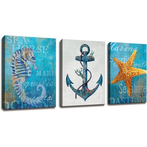 Vintage Rustic Nautical Anchor And Starfish Shell Of The Beach Antique Pictures Decor Walls - 3 Panel Blue Wall Art Giclee Canvas Painting Stretched And Framed Artwork Decor Home Bathroom Office