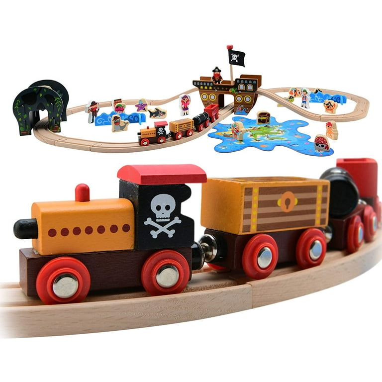 Pidoko Kids Pirate Theme Wooden Train Set 72 Pcs Includes