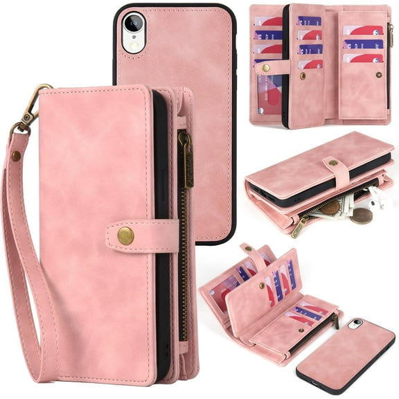 for iPhone XR Wallet Case,Leather All-round Shockproof Protective, Magnetic Detachable Phone Case for iPhone XR with Card Holder &Strap for Women/Men(Pink)