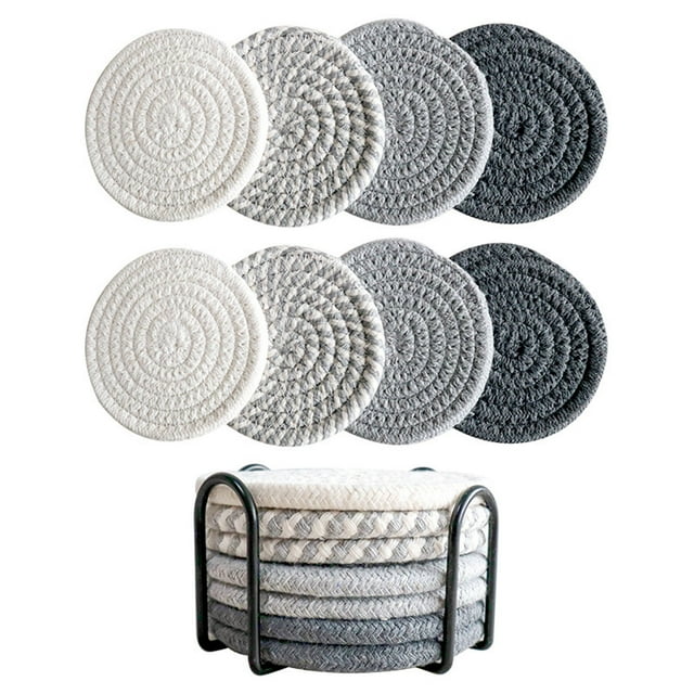 Table Mats Set of 8 Bohemian Style Drink Absorbing Coasters 4.3 in Diameter 0.4 in Thick Linen and Cotton Material