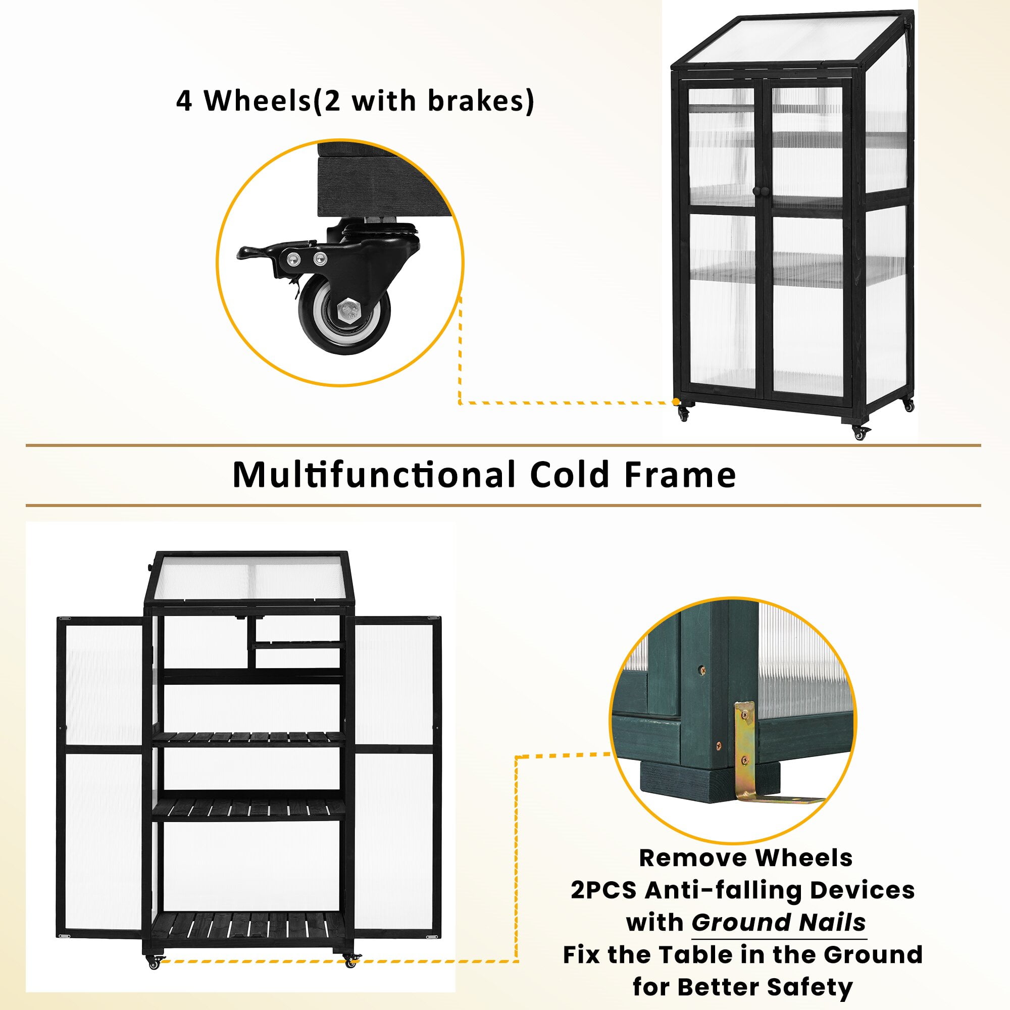 Yoneston 62inch Height Wood Large Greenhouse Balcony Portable Cold Frame with Wheels and Adjustable Shelves Plants House for Outdoor Indoor Use, Black