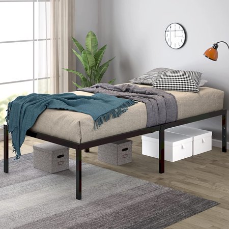 Sha Cerlin Heavy Duty Twin Size Metal Platform Bed Frame Self-Attached Headboard  Mattress Foundation  Black
